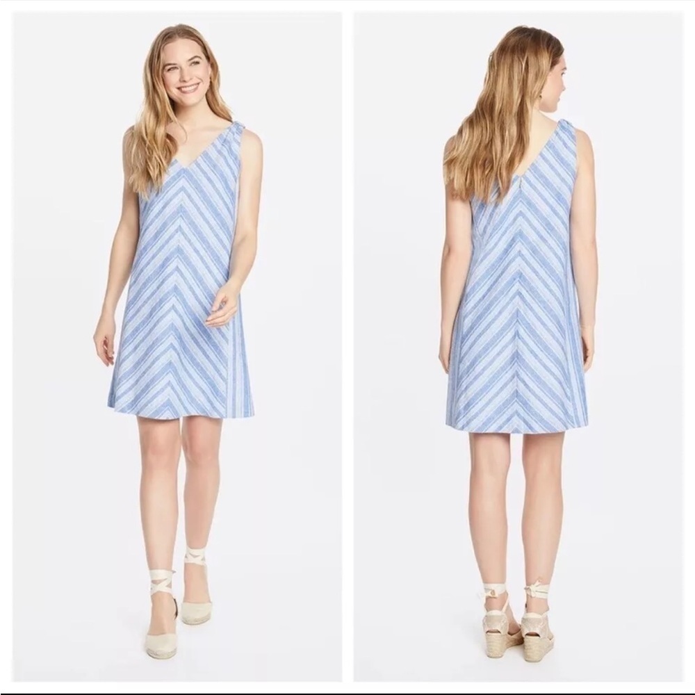 NWT Draper James Knot Shoulder‎ Shift Dress Linen Cotton 14 Blue Striped V-Neck